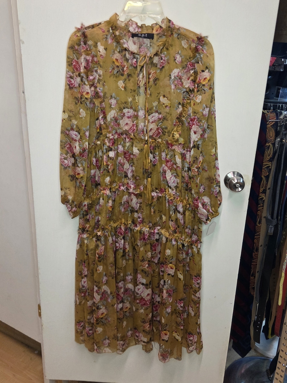O.P.T. Felicity Floral Tiered Ruffle Chiffon Midi Dress Yellow Pink